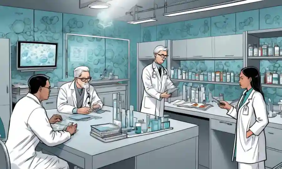 Profesionales médicos analizando datos y discutiendo nuevas estrategias de tratamiento para enfermedades fúngicas en un entorno de laboratorio moderno.