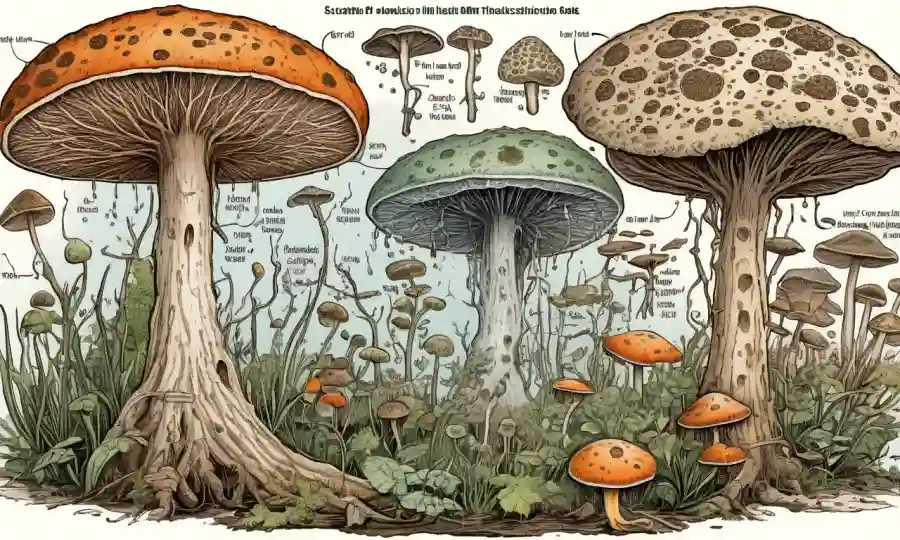 Diagramas científicos y diagramas sobre el crecimiento fúngico y las implicaciones sanitarias.
