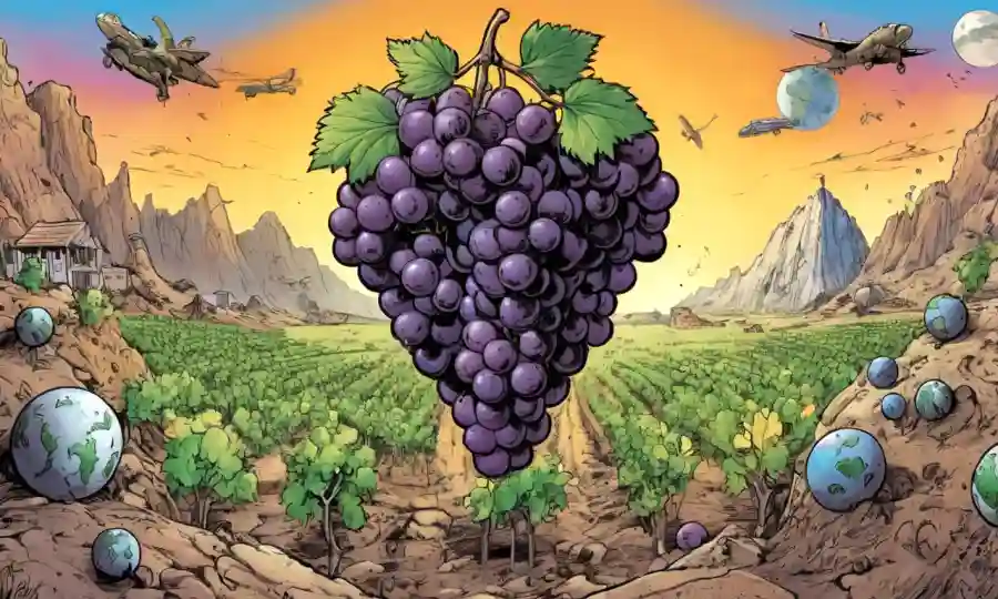 Uvas de la Tierra bajo amenaza, rodeadas de iconos de degradación ambiental.
