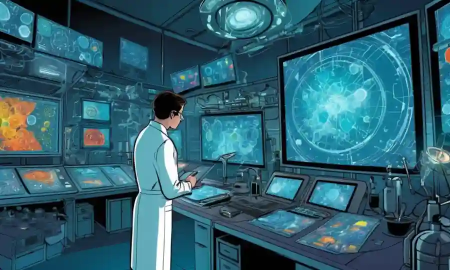Científico en un laboratorio que examina microorganismos mientras está rodeado de pantallas de datos y equipos futuristas.