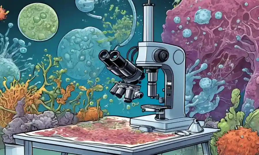 Investigadores que estudian interacciones de organismos vivos bacterianas en microscopios con diagramas de procesos simbióticos.