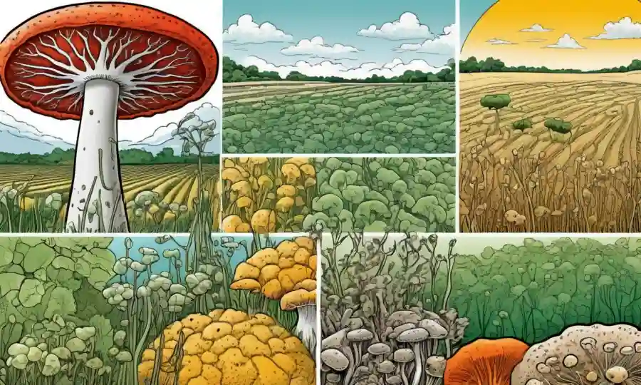 Imágenes científicas de hongos microscópicos y campos agrícolas junto a tablas de datos gráficas.