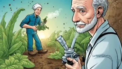 El agricultor sostiene una planta junto a una diapositiva de microscopio con crecimiento fúngico.