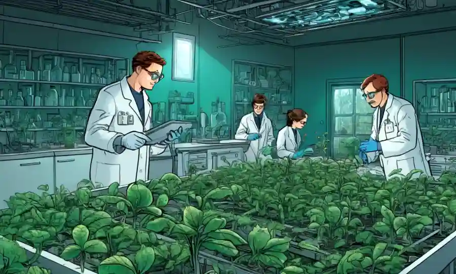 Investigadores científicos en un laboratorio que estudian redes fúngicas en plantas.