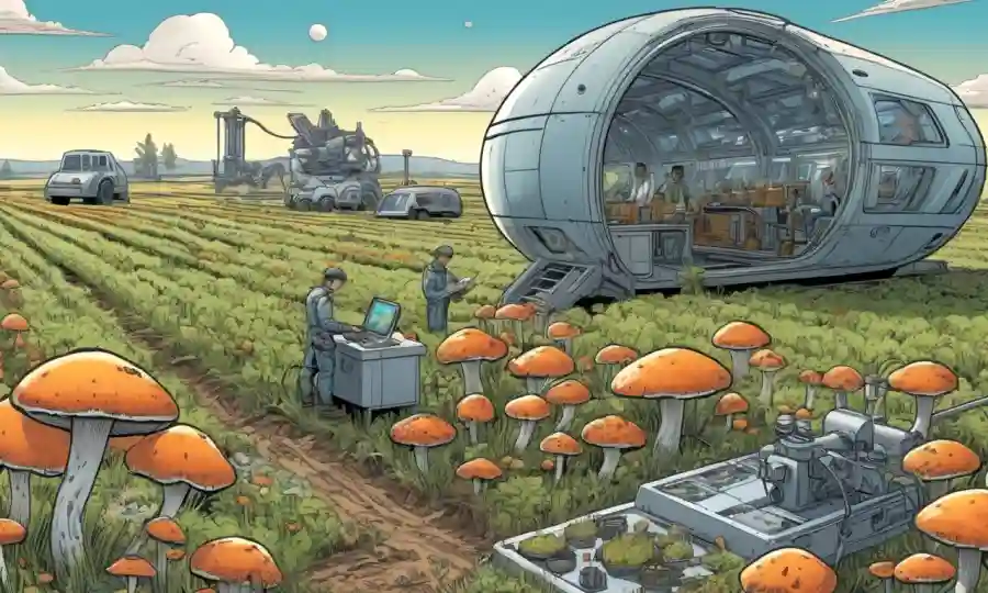 Investigadores que examinan muestras de hongos, rodeados de campos de cultivo y equipos futuristas.