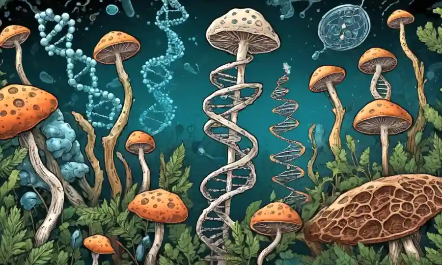 Ilustración científica de especies fúngicas con estructuras de helix doble de ADN e imágenes de microscopio.