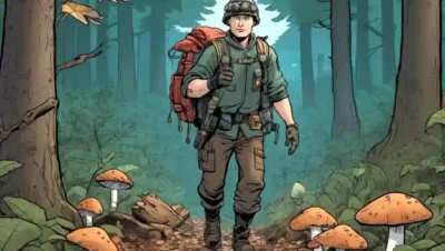 Persona que lleva engranaje coleccionando hongos en un bosque rodeado de hojas y troncos.