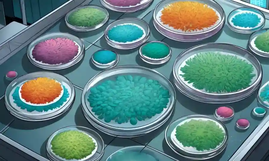 Ilustraciones de microorganismos que crecen en platos petri en un entorno de laboratorio futurista.