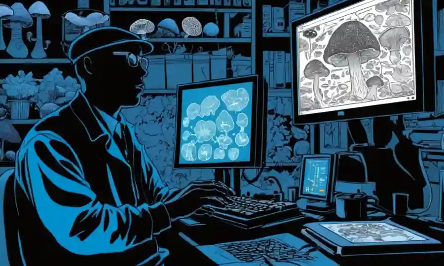 Silhouette de un micólogo que estudia datos de hongos en un ordenador con iconos de bases de datos alrededor.