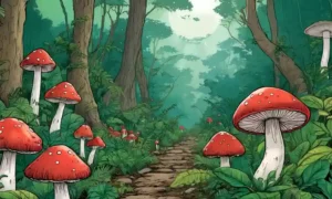 Hermosas setas creciendo en medio de una vegetación exuberante