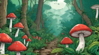 Hermosas setas creciendo en medio de una vegetación exuberante
