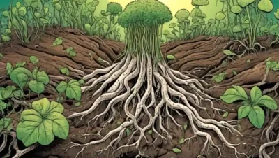 Ilustración de plantas con raíces rodeadas de microorganismos