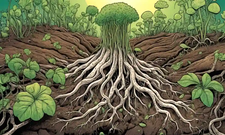Ilustración de plantas con raíces rodeadas de microorganismos
