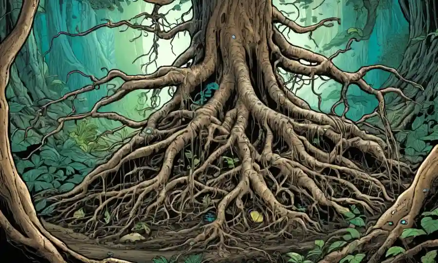 Ilustración de raíces vegetales conectadas a hongos, destacando la simbiosis beneficiosa.