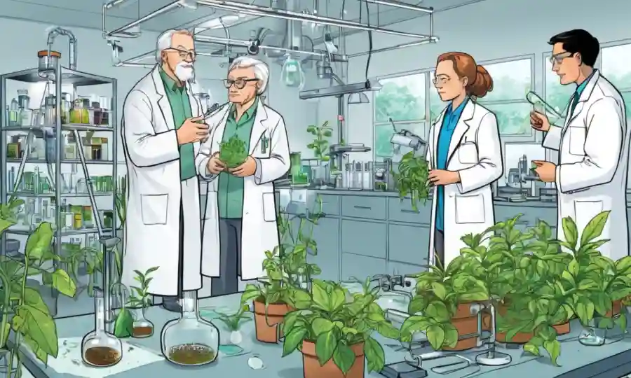 Científicos rodeados de muestras y equipos de plantas en un laboratorio, discutiendo soluciones agrícolas sostenibles.