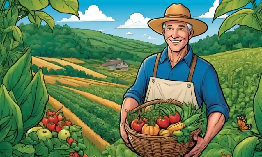 Un agricultor que sostiene una canasta de productos frescos en medio de cultivos exuberantes y entorno natural