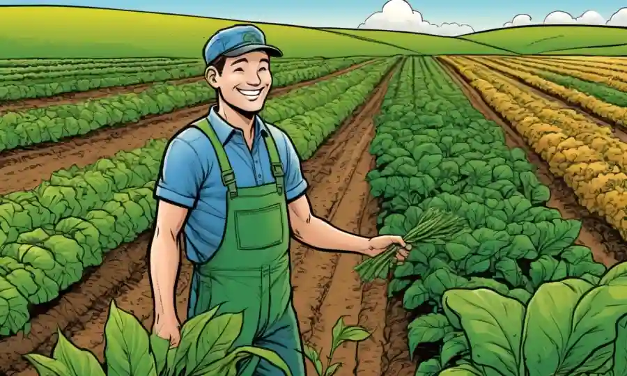 Un ambientalista inspeccionando un campo exuberante con diversos cultivos y sonriendo de la salud y la sostenibilidad.