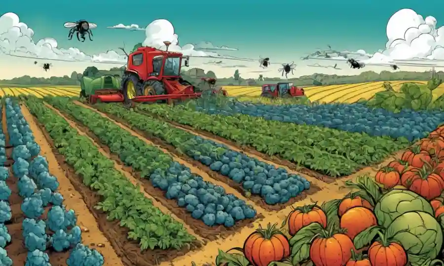 Campos agrícolas con cultivos diversos entre insectos y microorganismos beneficiosos.
