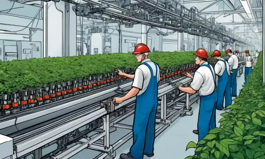 Los trabajadores industriales colaboran en una línea de producción en medio de una vegetación sostenible.