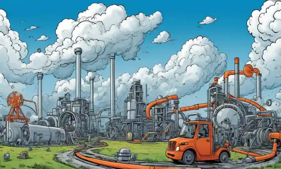 Una fusión de símbolos de economía circular y maquinaria de fábrica que generan nubes de crecimiento sostenible.