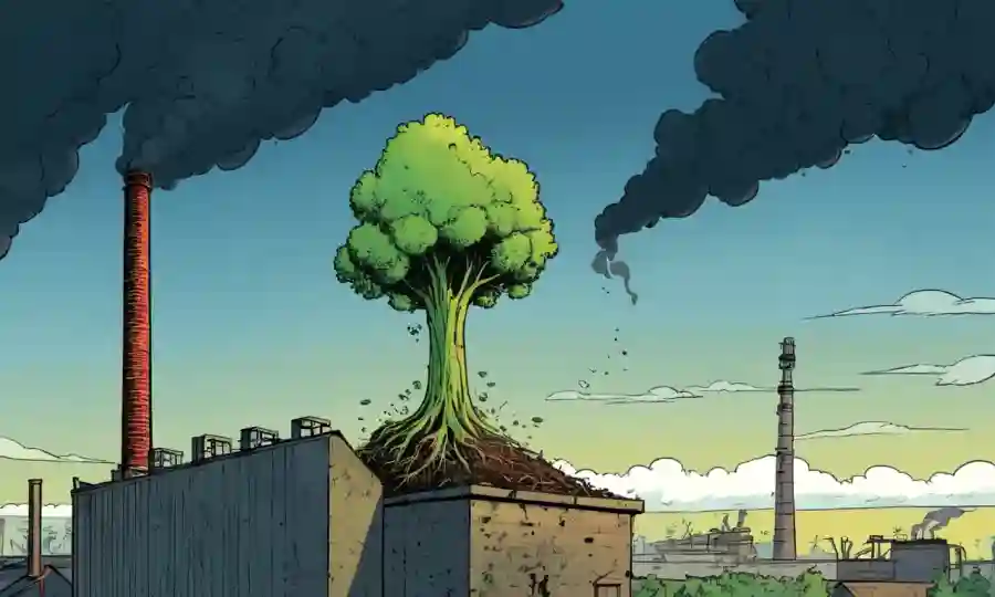 Un árbol verde brotando de una chimenea de fábrica, simbolizando la positividad ambiental.