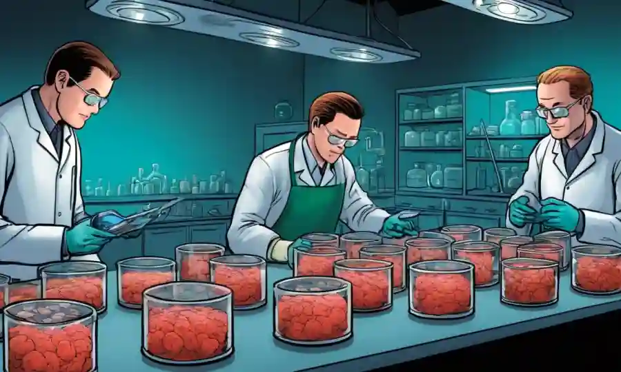 Los agricultores que examinan microorganismos en platos petri bajo luces de laboratorio.