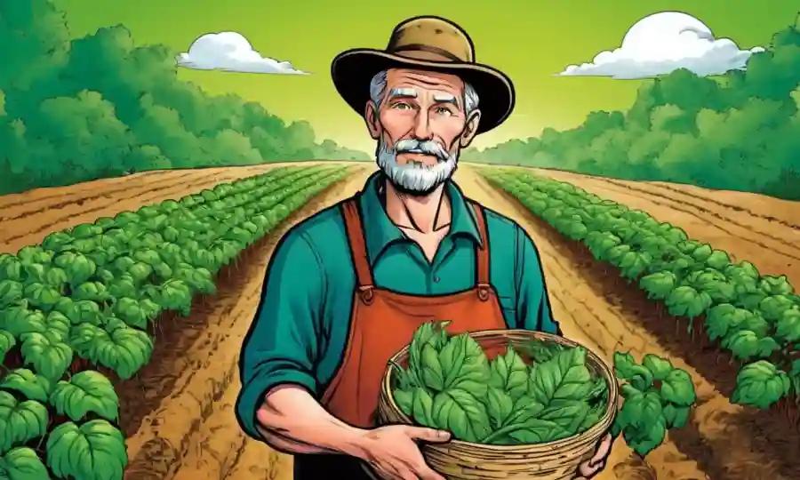 A farmer holding organic crops, with fermentation vessels and green background representing natural growing methods.