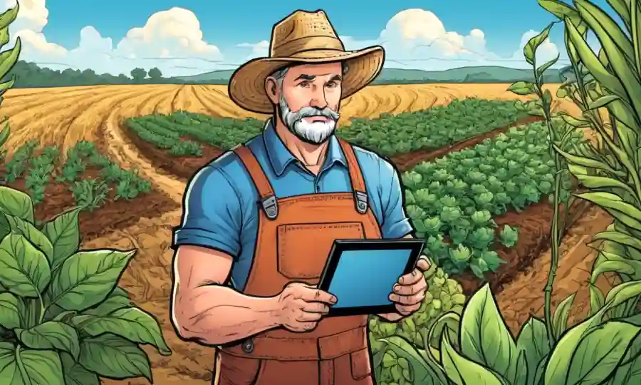 Farmer holding datos de rendimiento de cosecha tableta, rodeado de plantas prósperas.