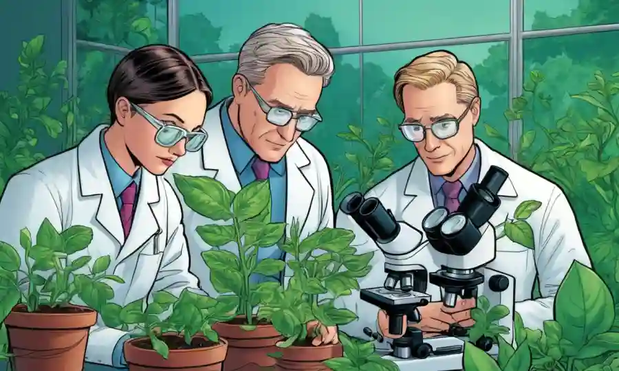 Científicos de investigación examinan el crecimiento de las plantas bajo microscopio con vegetación en el fondo.