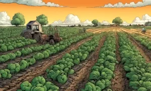 Campo agrícola con cultivos saludables creciendo en medio de redes fúngicas.