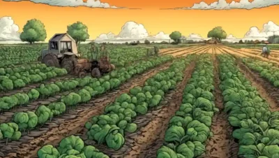 Campo agrícola con cultivos saludables creciendo en medio de redes fúngicas.
