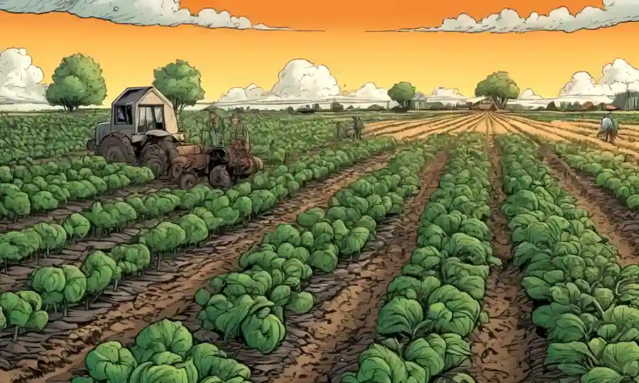 Campo agrícola con cultivos saludables creciendo en medio de redes fúngicas.