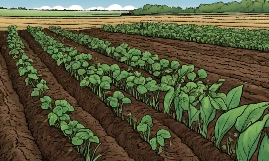 Salud del suelo ilustrada con microbios y cultivos en un entorno agrícola sostenible.