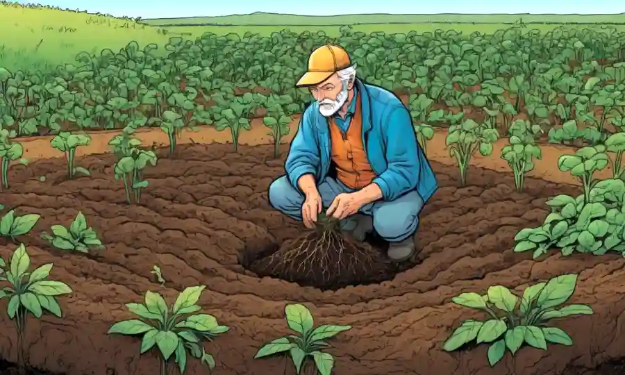 El agricultor observa plantas sanas enraizadas en suelo rico en nutrientes con pequeñas conexiones fúngicas.