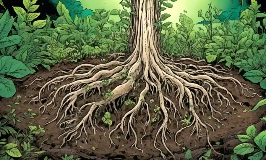 Ilustración de raíces vegetales con hongos simbióticos rodeados de vegetación verde, destacando la regeneración del suelo.