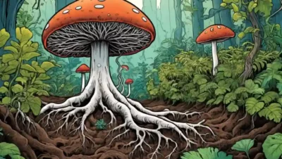 Fungi y raíces vegetales entrelazando en un ambiente de suelo con plantas vibrantes creciendo.