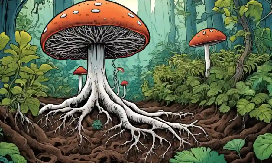 Fungi y raíces vegetales entrelazando en un ambiente de suelo con plantas vibrantes creciendo.