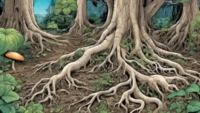 Una red simbiótica de raíces vegetales y hongos
