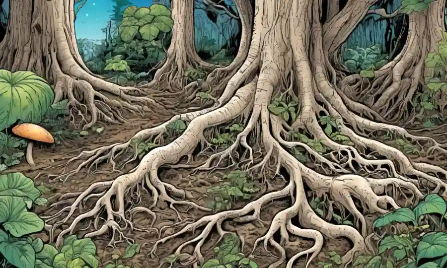 Una red simbiótica de raíces vegetales y hongos
