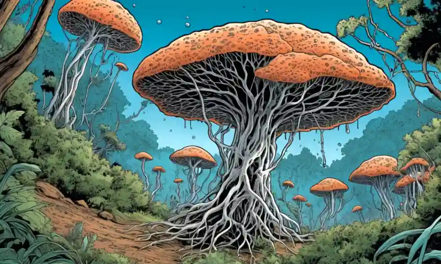 Una ilustración de hifas fúngicas que conectan células humanas a plantas en medio de un entorno natural.