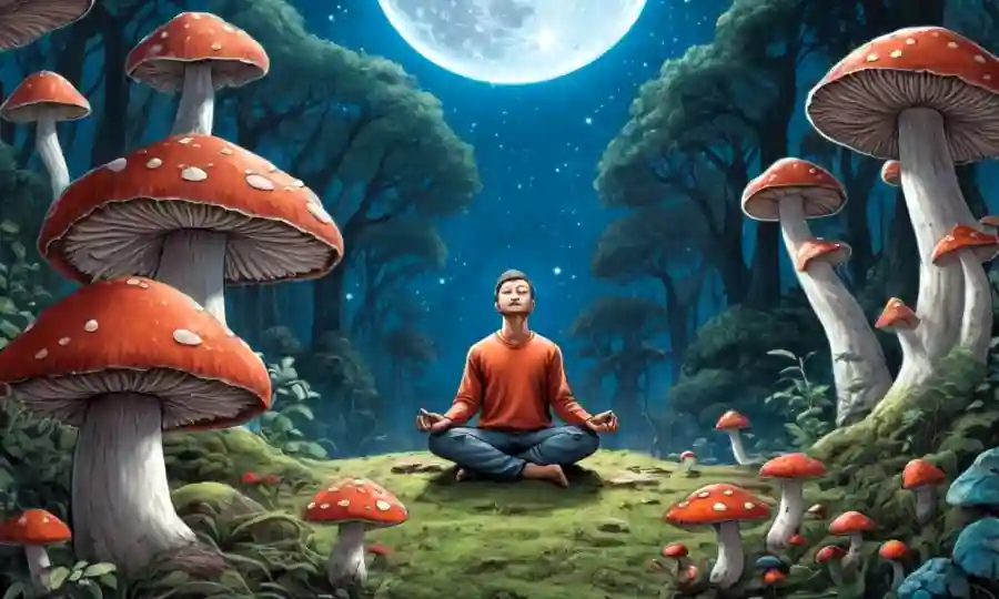 Persona meditando cerca de hongos con un fondo sereno, rodeado de hongos en crecimiento.