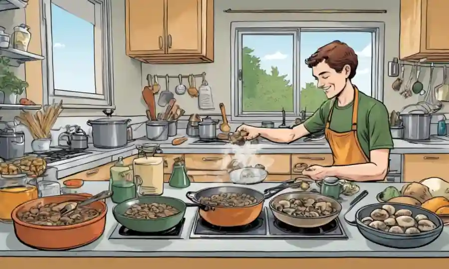 Una persona que cocina hongos en una cocina, con varios beneficios de salud y nutrición que rodean.