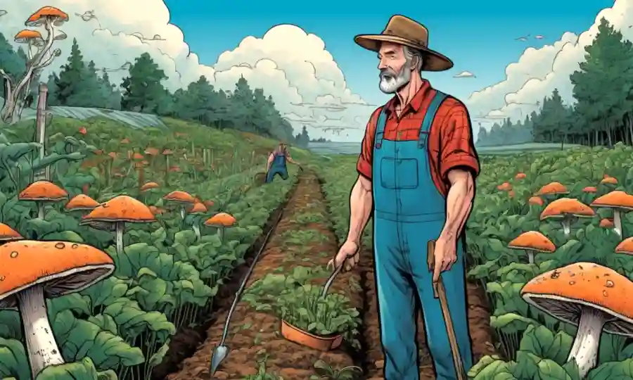 Farmer examining thriving crops surrounded by fungi growth in a sustainable agriculture setting.