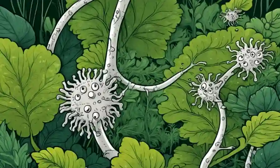 Ilustración de hifas fúngicas rodeadas de plantas verdes con rostros felices.