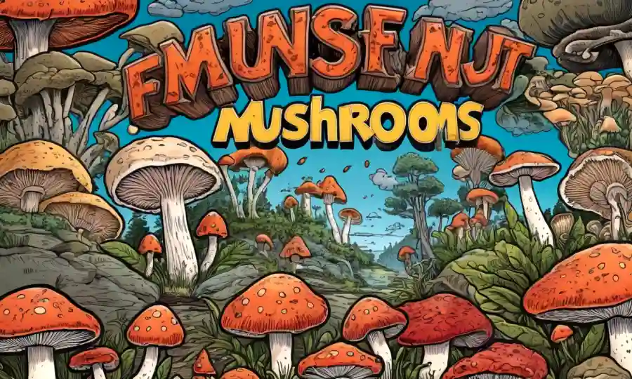 Una imagen llena de hongos con hongos e ilustraciones intestinales saludables que rodean el texto de beneficios para la salud.