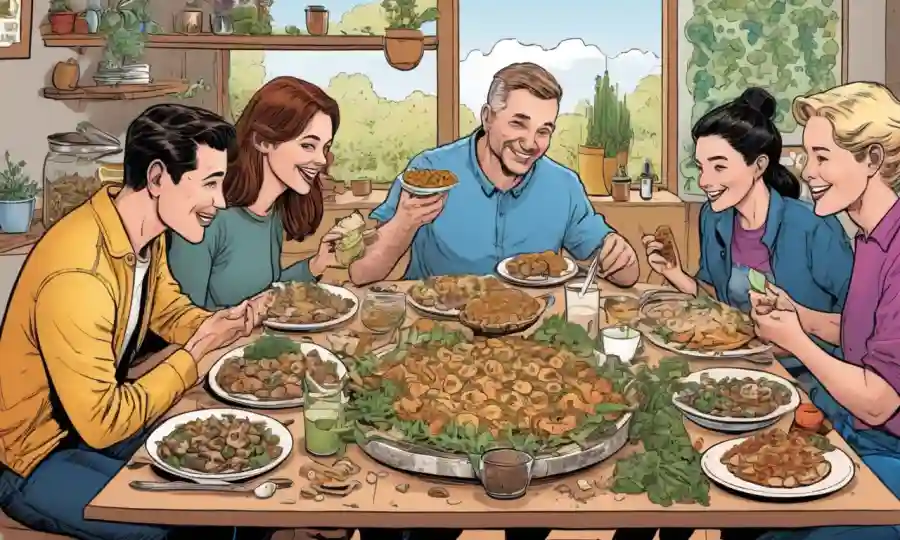 Un grupo de personas que disfrutan de alimentos nutritivos con hongos en una mesa, representando una digestión saludable y beneficios para la salud intestinal.