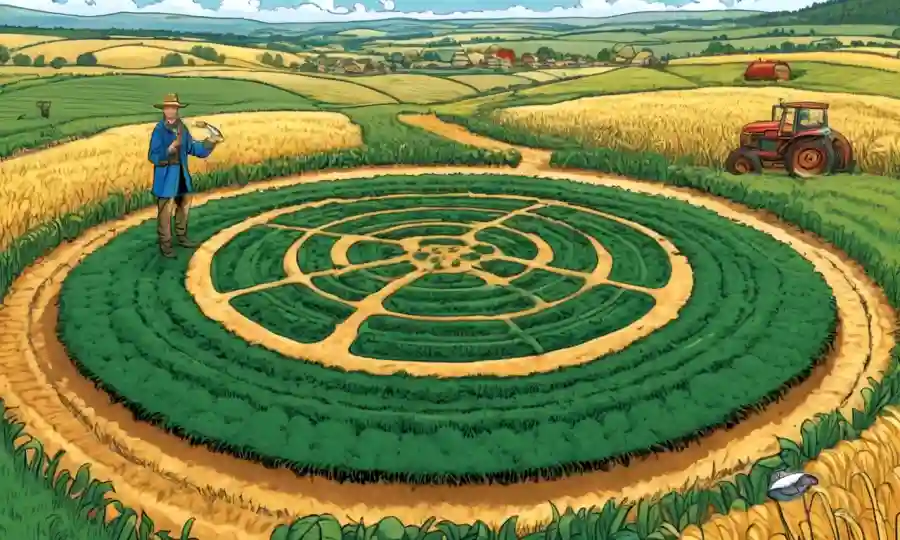 Un granjero que inspecciona los círculos de cultivos impulsados por hongos en medio de un floreciente paisaje agrícola.