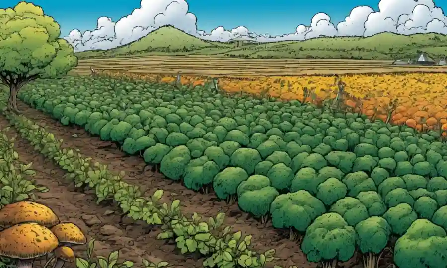 Una escena agroecosistema que muestra crecimiento fúngico mejorando los rendimientos de los cultivos.