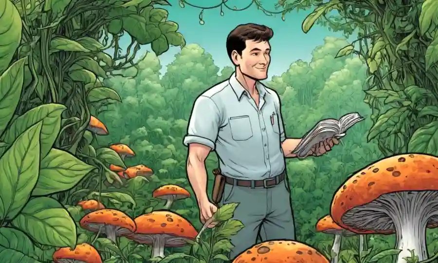Un biólogo examina soluciones agrícolas basadas en hongos en medio de plantas verdes.