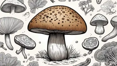 Un hongo shiitake rodeado de ilustraciones de sus posibles beneficios para la salud.